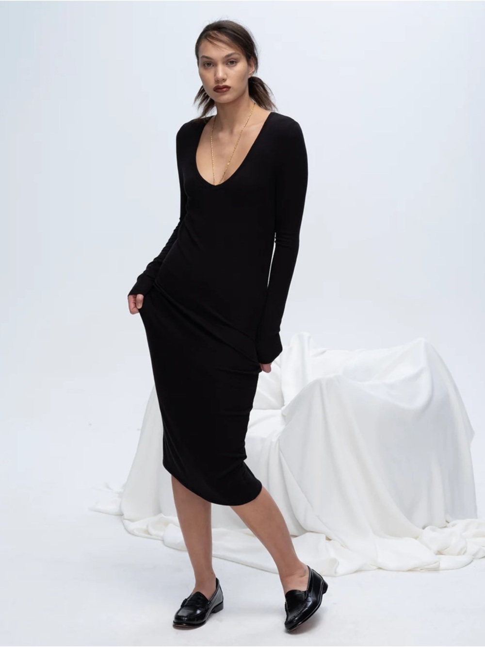 ATM Modal‎ Rib Long Sleeve Long Sleeve Midi Dress Black Womens Size S